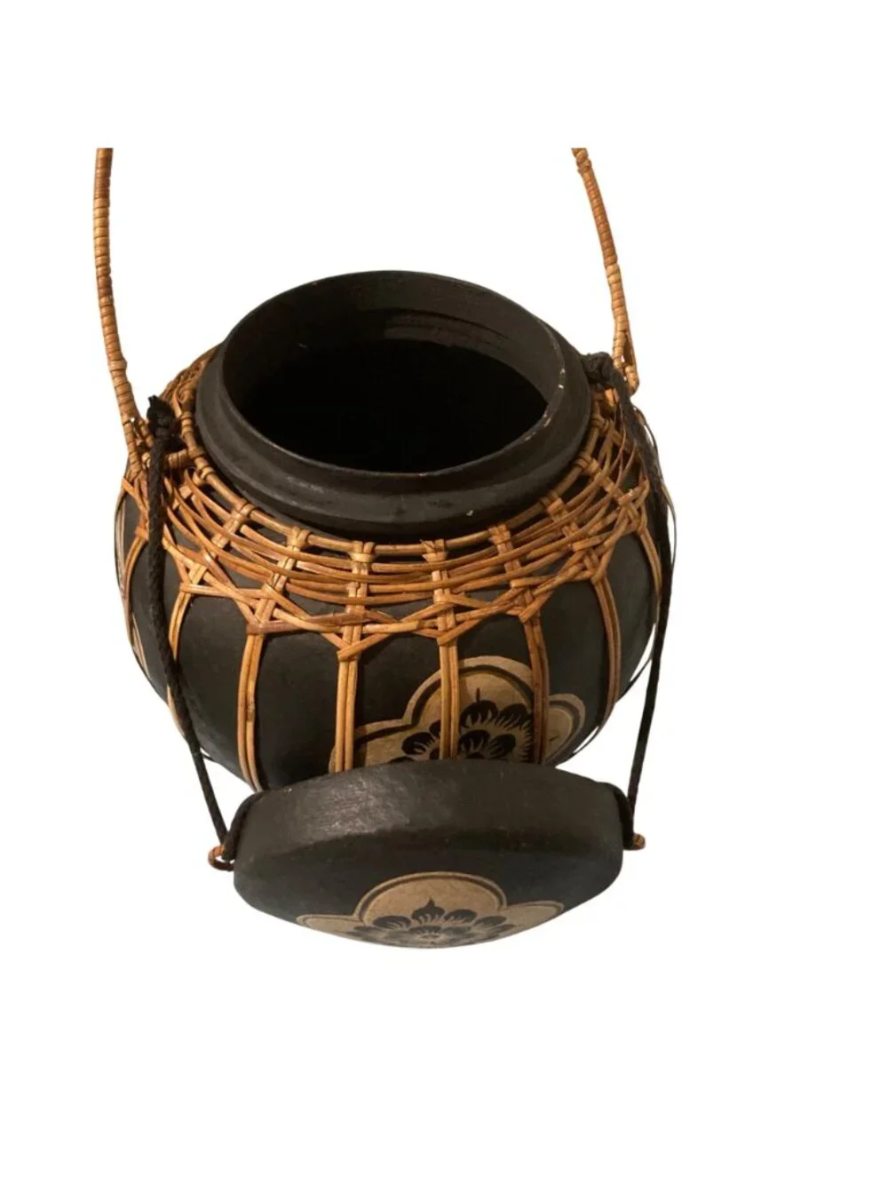 Vintage Thai Bamboo And Wood Rice Basket Hand Painted Floral Design